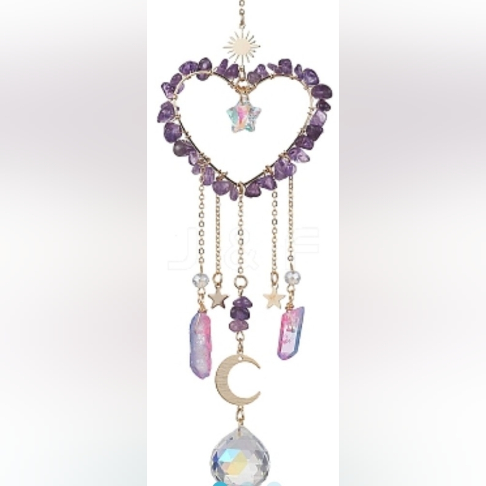 Heart Shaped Hanging Suncatcher Made from Natural Amethyst Chip Beads.